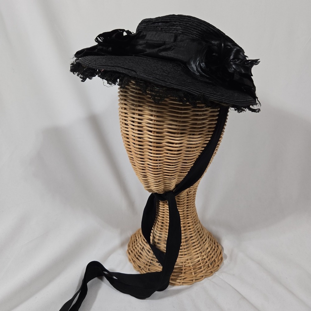 Victorian Style Black Straw Topper Hat with Feather Trim